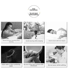 Detailed jewelry care guide with visual icons for cleaning and maintenance tips