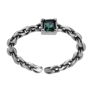 Bague chaîne plaquée argent S925 avec zircon vert émeraude, design vintage ajustable