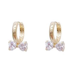 Elegant gold bow earrings with double heart-shaped crystals in a polished finish