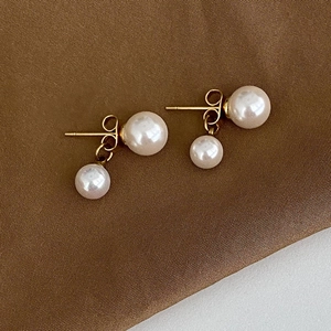 Elegant double pearl drop earrings with 925 silver needle and gold-plated finish
