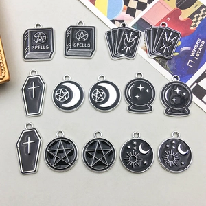 Gothic Occult Black Enamel Zinc Alloy Charms For Jewelry Making DIY Witchcraft Spells Book Pentagram Moon Pendants