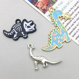 Three cute dinosaur pendants in black white and blue alloy drip oil for DIY jewelry making