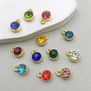 Colorful round faceted crystal pendants with gold alloy settings and rings for DIY jewelry