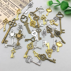 Macro view of vintage style alloy key pendants in gold, silver and bronze finishes