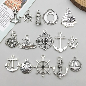 Breloques Nautiques Vintage en Alliage d'Argent Antique Pendentifs Ancre Gouvernail Bateau Pour Accessoires de Bijoux DIY