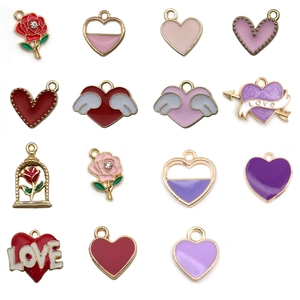 Set of 15 colorful heart and rose enamel alloy charms for DIY jewelry making