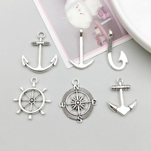 Detailed set of 6 antique silver nautical pendants including anchors and compass for DIY