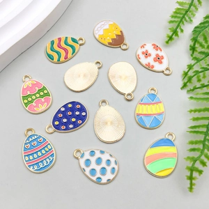 Set of 12 colorful Easter egg enamel charms with geometric patterns for DIY jewelry making