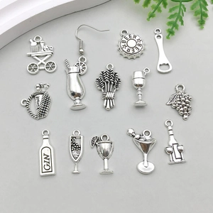 Retro silver wine themed charms set featuring gin bottle and cocktail glass pendants