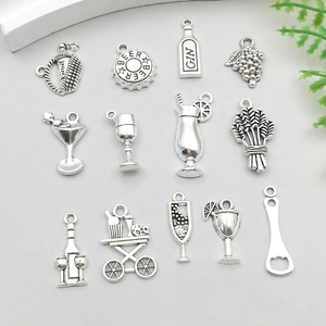 Set of 13 vintage silver wine and beer charms in zinc alloy for DIY jewelry making