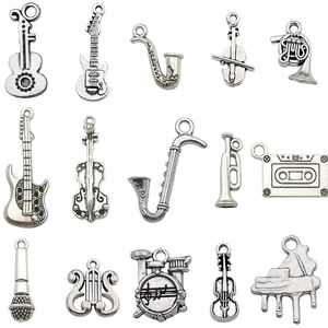 Vintage silver musical instrument charms set including guitar and violin for DIY jewelry