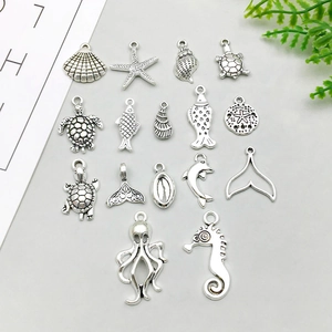 15-piece antique silver ocean charm set with seahorse, dolphin and shell for DIY jewelry
