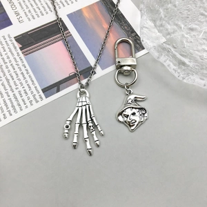 Gothic style antique silver skull hand pendant and witch head keychain accessories