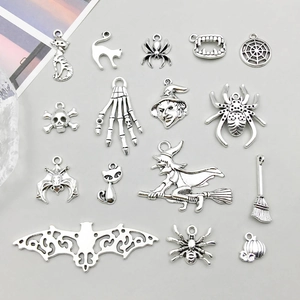 Antique Silver Halloween Alloy Pendants Set DIY Jewelry Making Charms Skeleton Spider Bat Witch Skull Ghost Pumpkin Accessory
