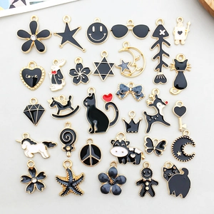 Black Enamel Alloy Charms For Jewelry Making DIY Cute Animal Flower Heart Star Gold Plated Metal Pendants Findings