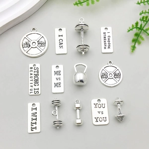 Breloques Thème Fitness en Alliage Argent Antique Lettres Motivationnelles Haltères Pendentifs Pour Création Bijoux DIY