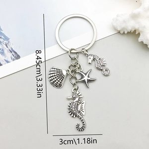 Antique silver sea horse starfish shell keychain charms with dimension labels