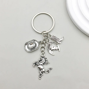 Vintage Antique Silver Zinc Alloy Western Cowboy Keychain With Horse Hat Boot Horseshoe Charms Equestrian Key Ring Jewelry