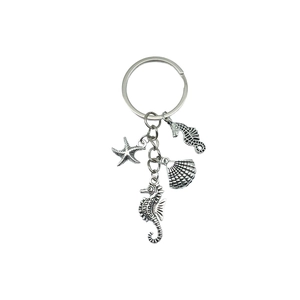 Antique silver sea horse starfish seashell keychain with vintage metal alloy charms