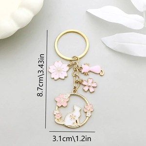 Porte-clés chat et fleur de cerisier rose en alliage doré avec dimensions