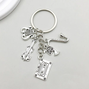 Vintage Antique Silver Music Theme Keychain With Saxophone Violin Cassette Tape Charms Zinc Alloy Music Lover Gift