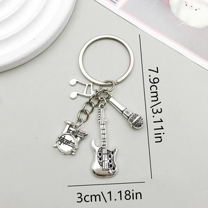 Vintage silver music keychain with guitar microphone and drum pendants for accessories