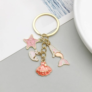 Porte-clés en Émail Thème Océan Sirène Étoile de Mer Coquille Dauphin Rose Alliage de Zinc Plaqué Or Cadeau Femme