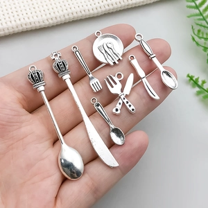 Antique silver alloy cutlery charms set with knife fork and spoon for DIY jewelry