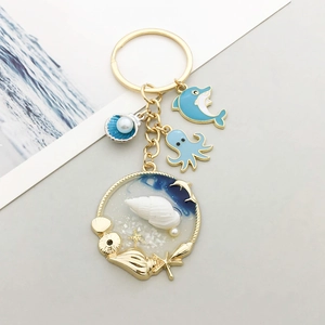 Portachiavi Tema Oceano Delfino Polpo Conchiglia Smalto Blu Ciondolo in Lega Dorata Resina per Donna Ragazza Gioielli Regalo