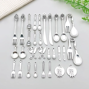 Antique Silver Mini Cutlery Charms Alloy Pendants Knife Fork Spoon Miniature Simulation Tableware DIY Jewelry Accessories Handmade Bracelet Pendant