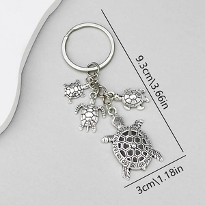 Porte-clés tortue en argent antique avec quatre pendentifs en alliage et motifs gravés