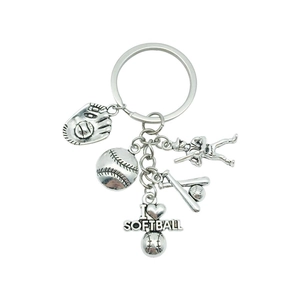 Silver alloy softball keychain with glove, bat, athlete charms and heart charm
