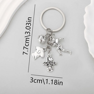 Soccer keychain with ball, jersey number 9 and I Love Soccer charm in antique silver