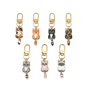 Set of 7 colorful enamel cat keychains in various breeds with gold lobster clasps