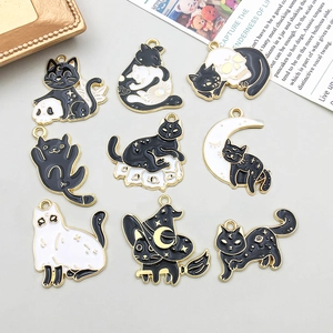 Halloween Alloy Enamel Cat Pendants Black White Skull Witch Moon Stars Charms For DIY Jewelry Making Necklaces Accessories
