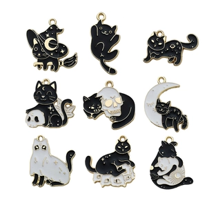 Set of 9 black and white cat enamel charms with witch hats and skulls for Halloween DIY