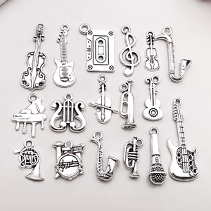 Antique Silver Zinc Alloy Musical Instrument Pendants Guitar Piano Saxophone Charms For DIY Jewelry Making Accessories