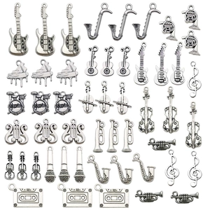 Antique silver musical instrument charms set including guitar and piano for DIY jewelry
