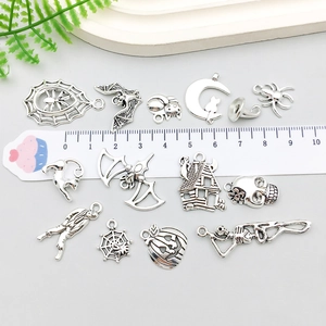 Antique silver Halloween charms set featuring bat, spider and pumpkin for DIY jewelry