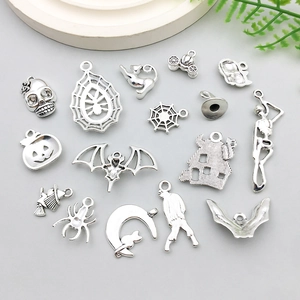 Antique silver Halloween alloy charms featuring bats and skeletons for DIY jewelry making