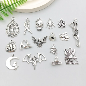 Antique Silver Zinc Alloy Halloween Charms Set Spider Bat Pumpkin Skull Ghost House DIY Jewelry Making Accessories Pendants