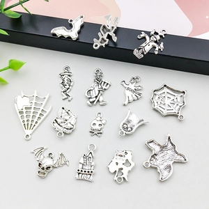 15pcs antique silver Halloween charms set featuring skeletons, bats, and spiders for DIY jewelry