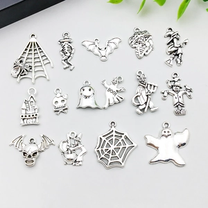 Antique Silver Alloy Halloween Charms Set Spider Web Skull Bat Ghost Witch For DIY Jewelry Making Necklaces Accessory