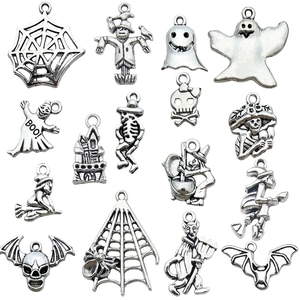 Set of vintage silver Halloween alloy charms featuring spider webs, ghosts and pumpkins
