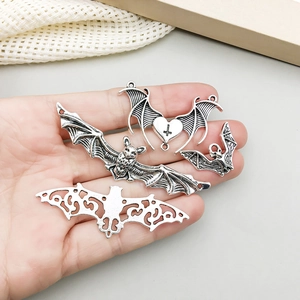Vintage silver bat charms set in four gothic styles for Halloween DIY jewelry making
