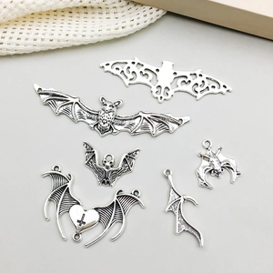 Set of 6 vintage silver alloy bat charms for Halloween DIY jewelry making projects