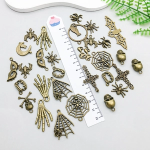 Antique bronze Halloween alloy charms set including skull, bat and spider with ruler