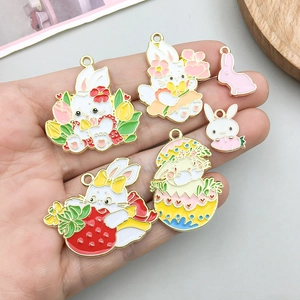 5pcs set of enamel rabbit charms with strawberry and tulip designs for DIY jewelry