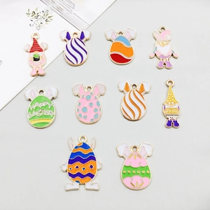Detailed set of 10 colorful Easter egg enamel charms with bunny ears and gnome designs
