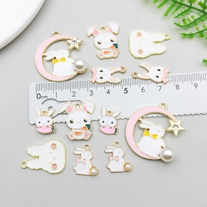 Cartoon Easter bunny enamel charms with pearls and moon pendants for jewelry making